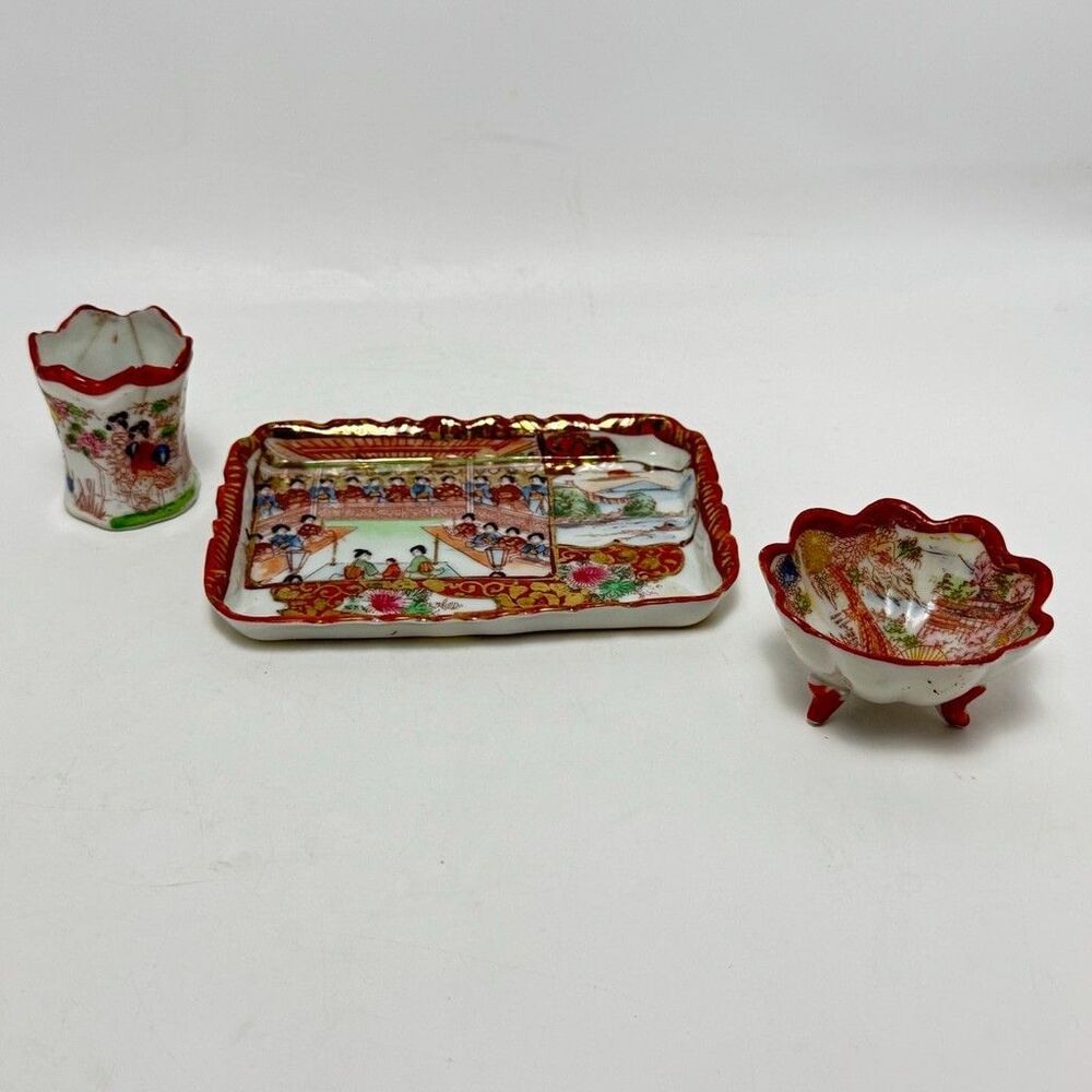 Vintage Japanese Geisha Kutani porcelain Set Footed Bowl, Rectangle Dish & Cup